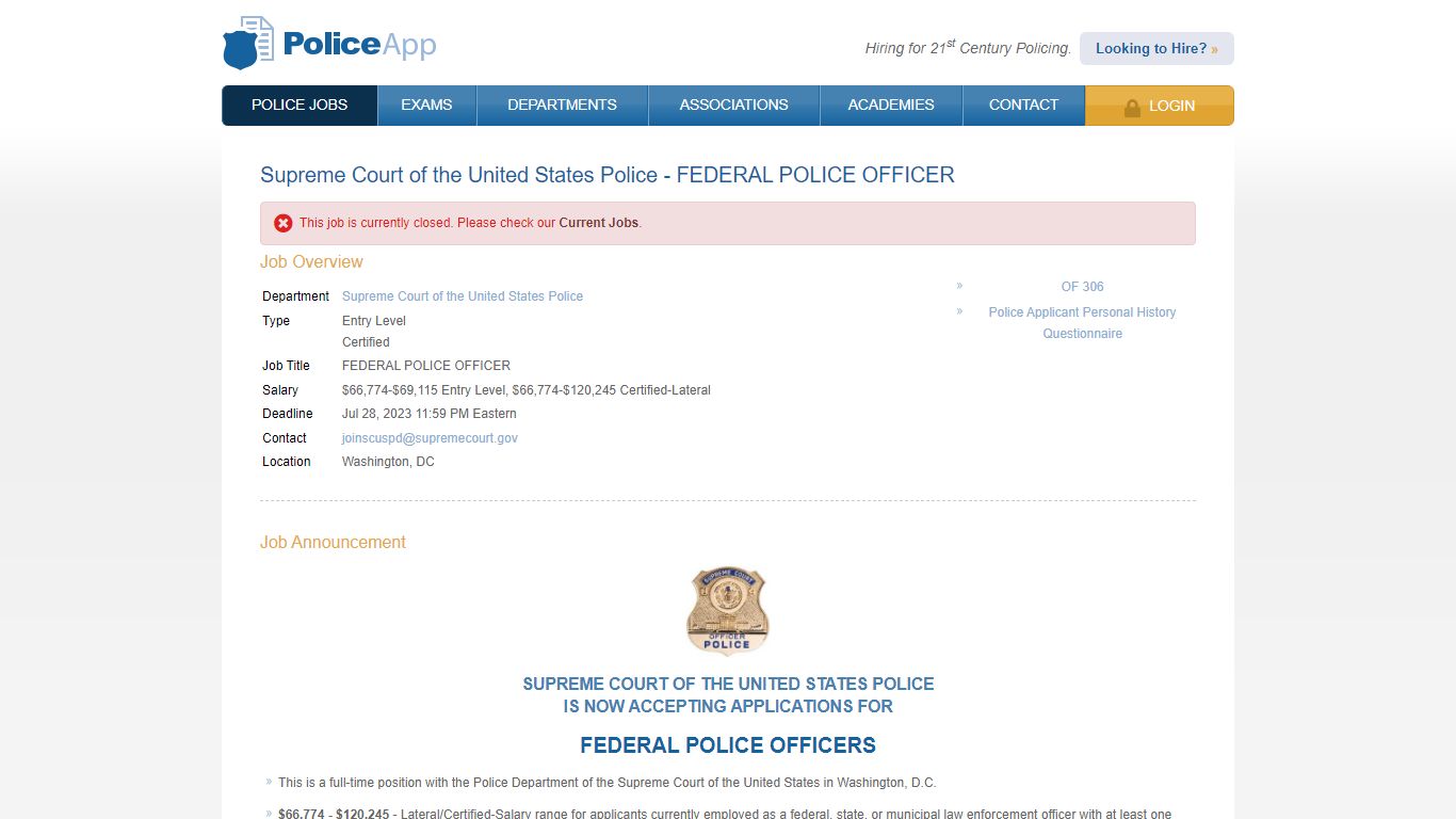 Supreme Court of the United States Police, DC Police Jobs - Entry Level ...